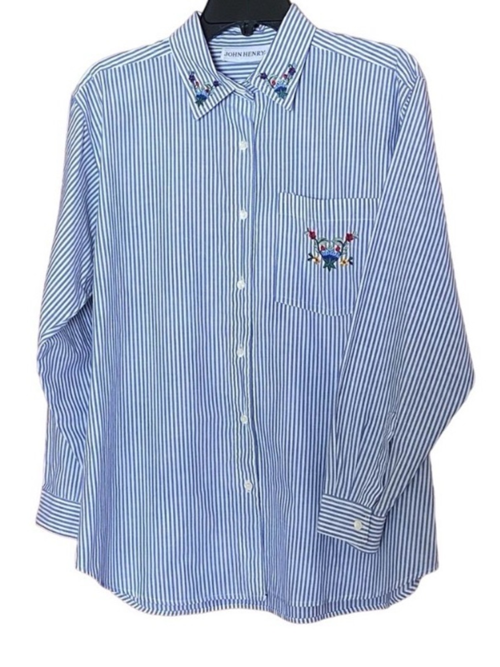 John Henry Embroidered Floral Stripe Button Up Shirt Blue White Large Preppy